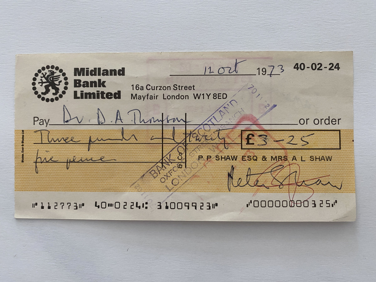 Peter Shaw signed check