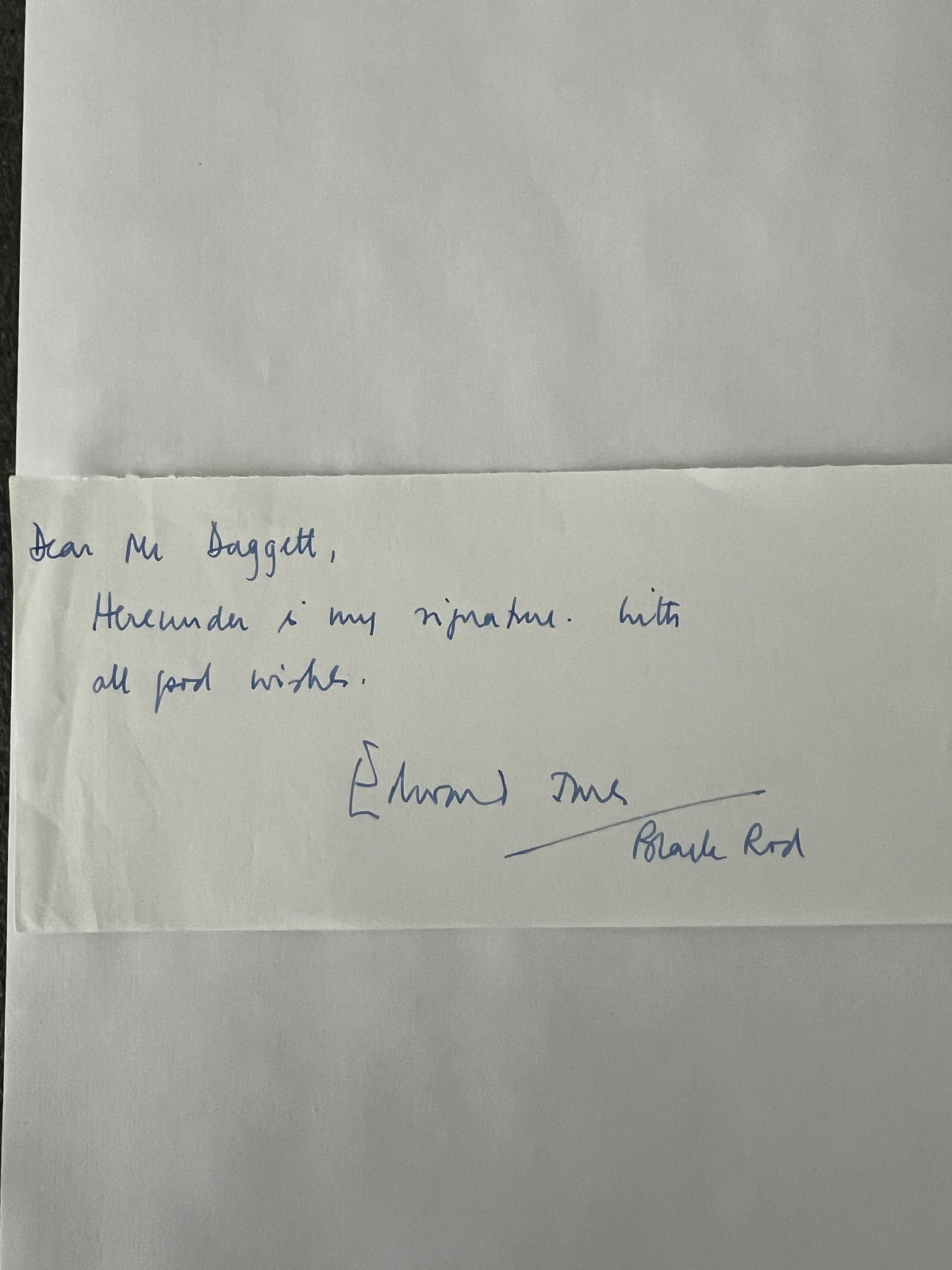 Black Rod Lieutenant General Edward Davis signed note