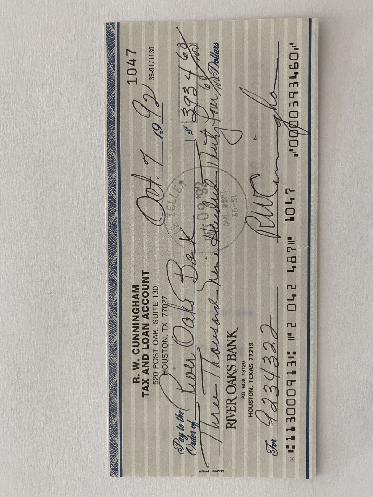 Walter Cunningham signed check