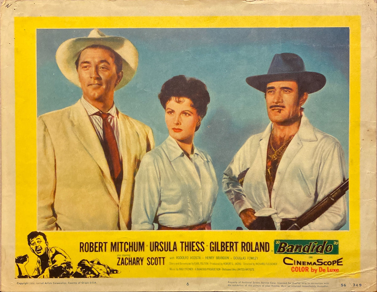 Robert Mitchum, Ursula Thiess, and Gilbert Roland "Bandido" original Lobby Card