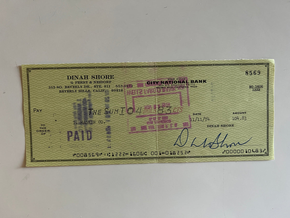 Dinah Shore signed check