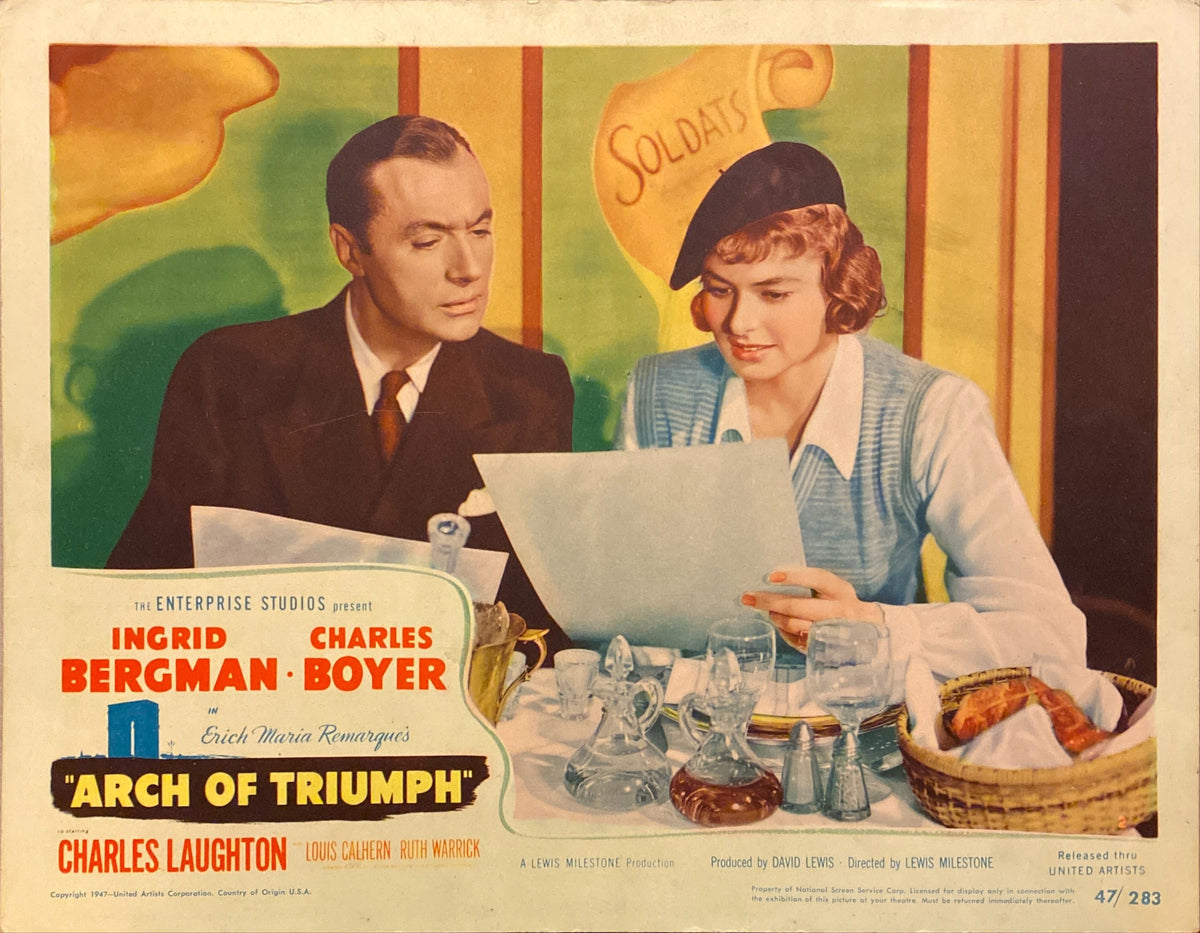 Ingrid Bergman, Charles Boyer, and Charles Laughton "Arch of Triumph" original Lobby Card