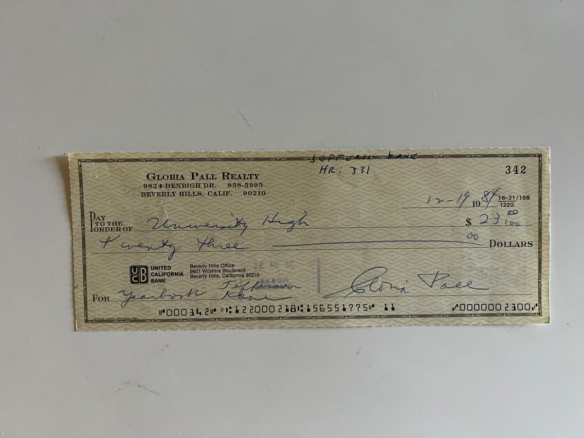 Gloria Pall signed check