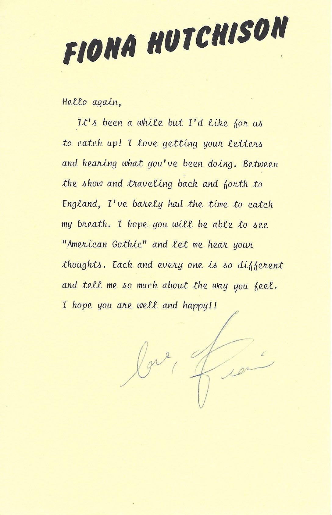 Guiding Lights Fiona Hutchison signed letter