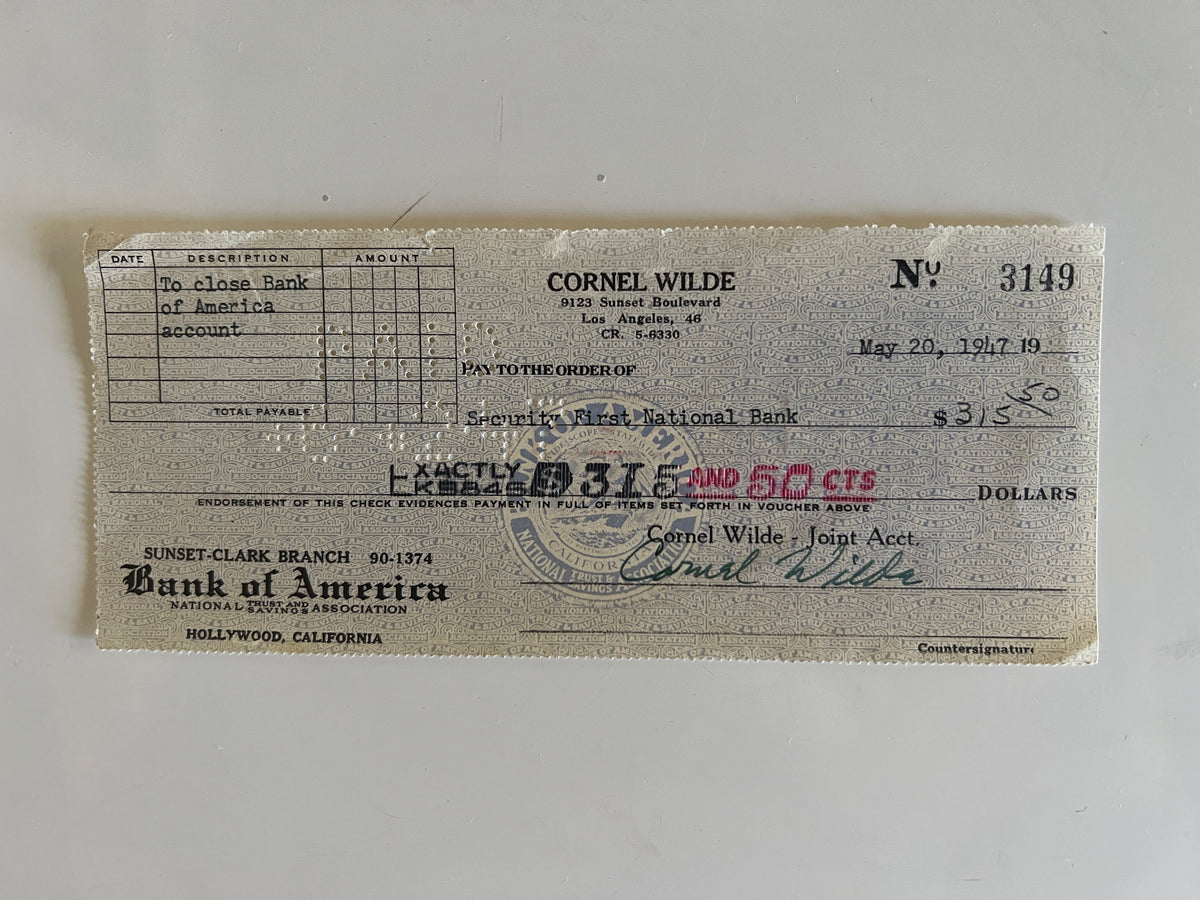 Cornel Wilde signed check
