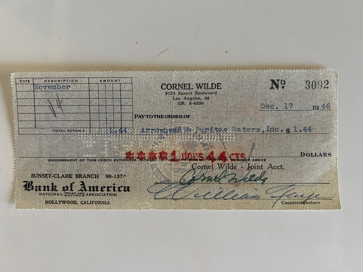 Cornel Wilde signed check