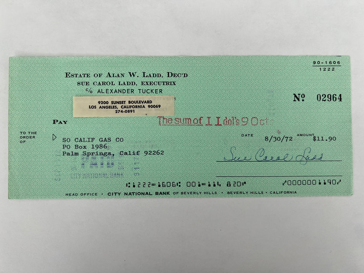Sue Carol Ladd signed check