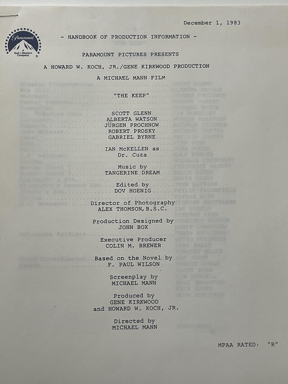 Paramount Pictures The Keep unsigned production info.