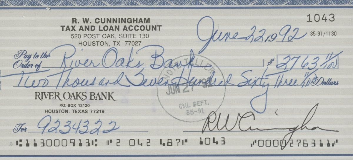 Astronaut Walter Cunningham signed check
