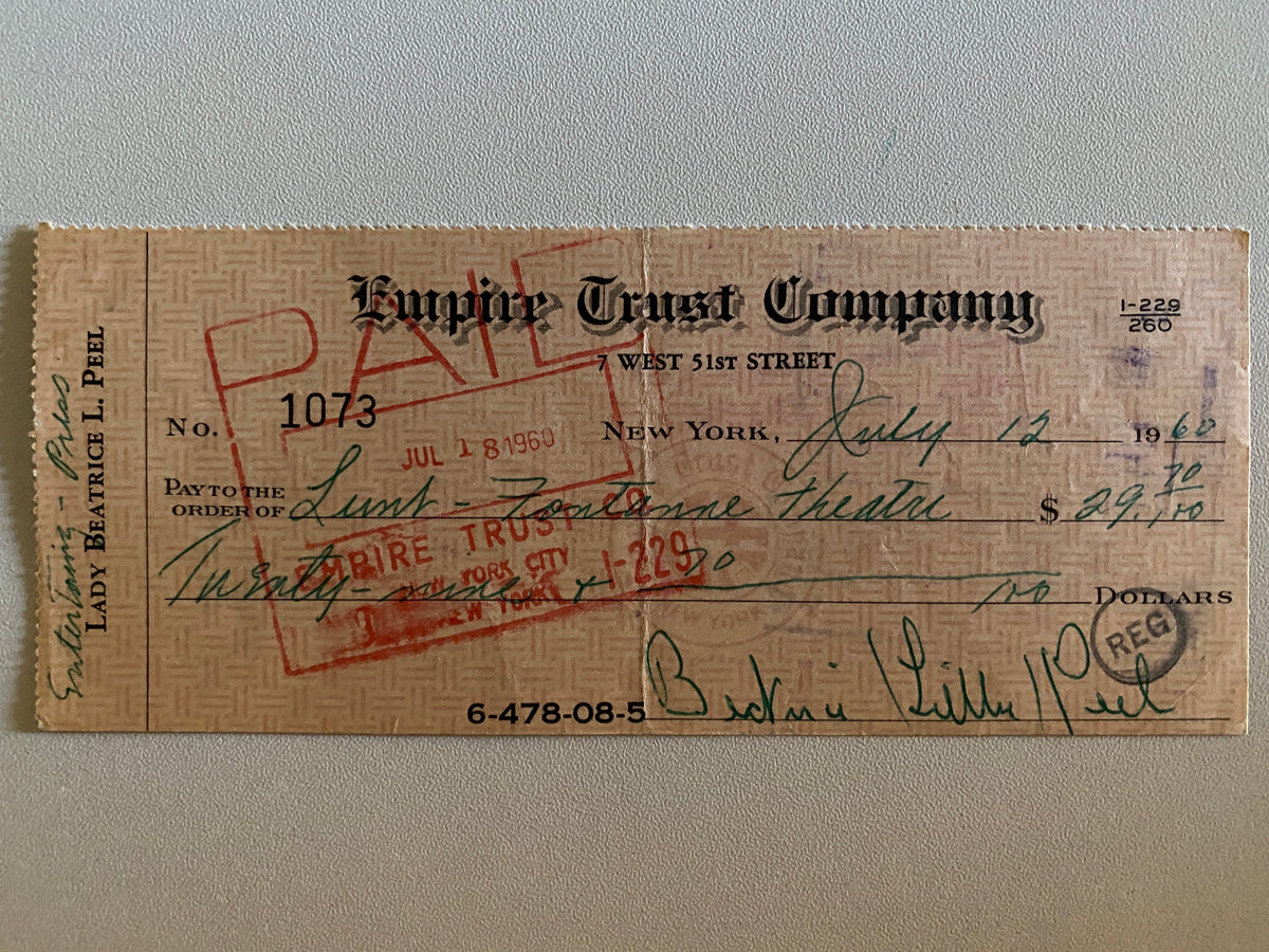 Beatrice Lillie, Lady Peel signed check