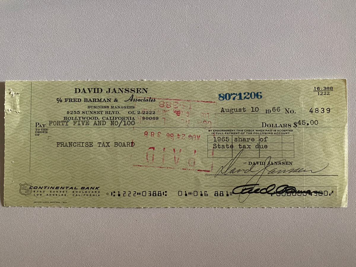 David Janssen signed check