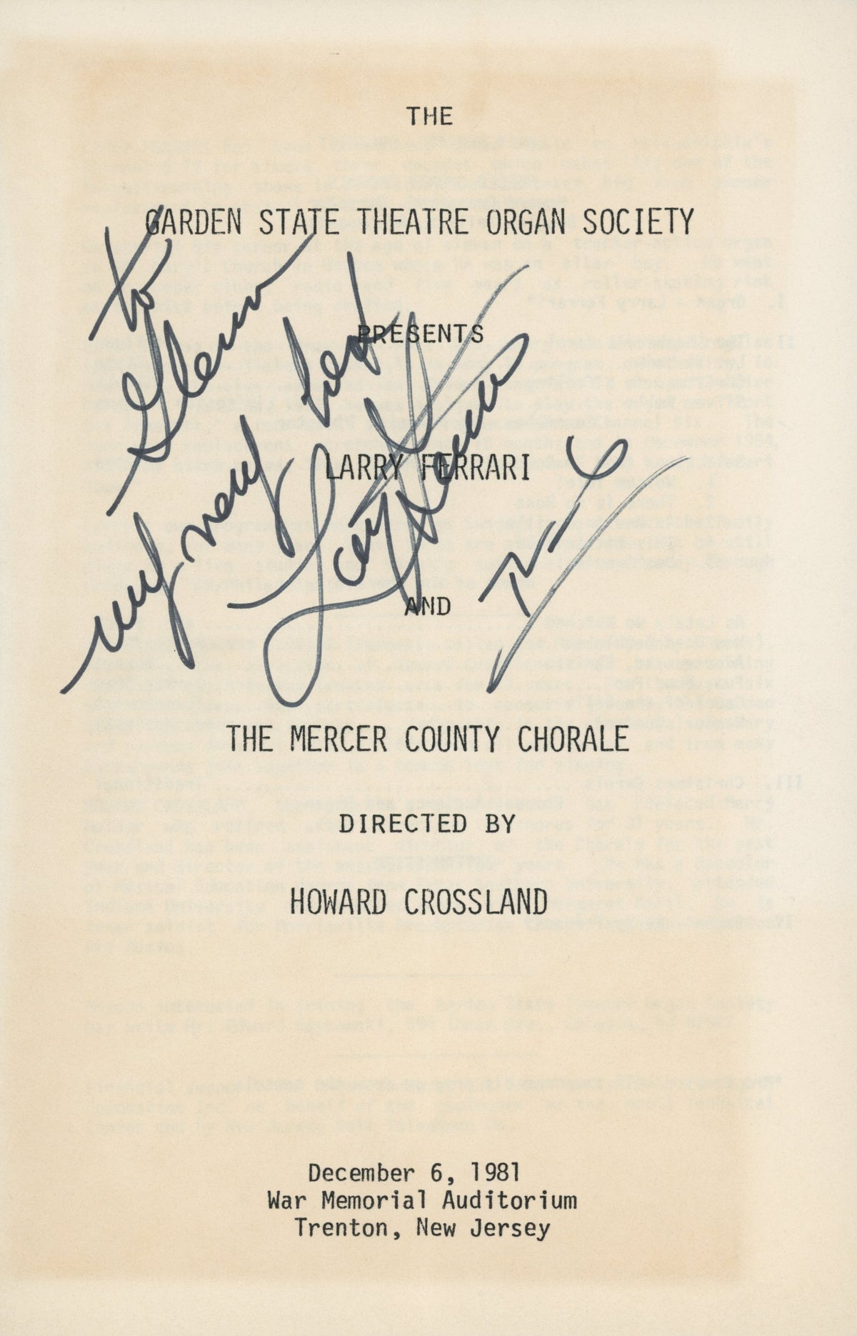 Musician Larry Ferrari signed program