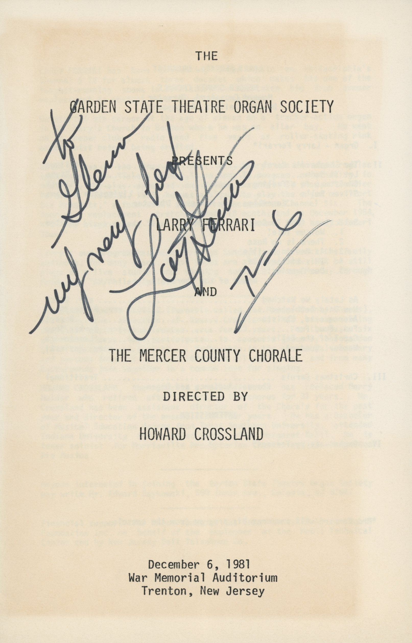 Musician Larry Ferrari signed program