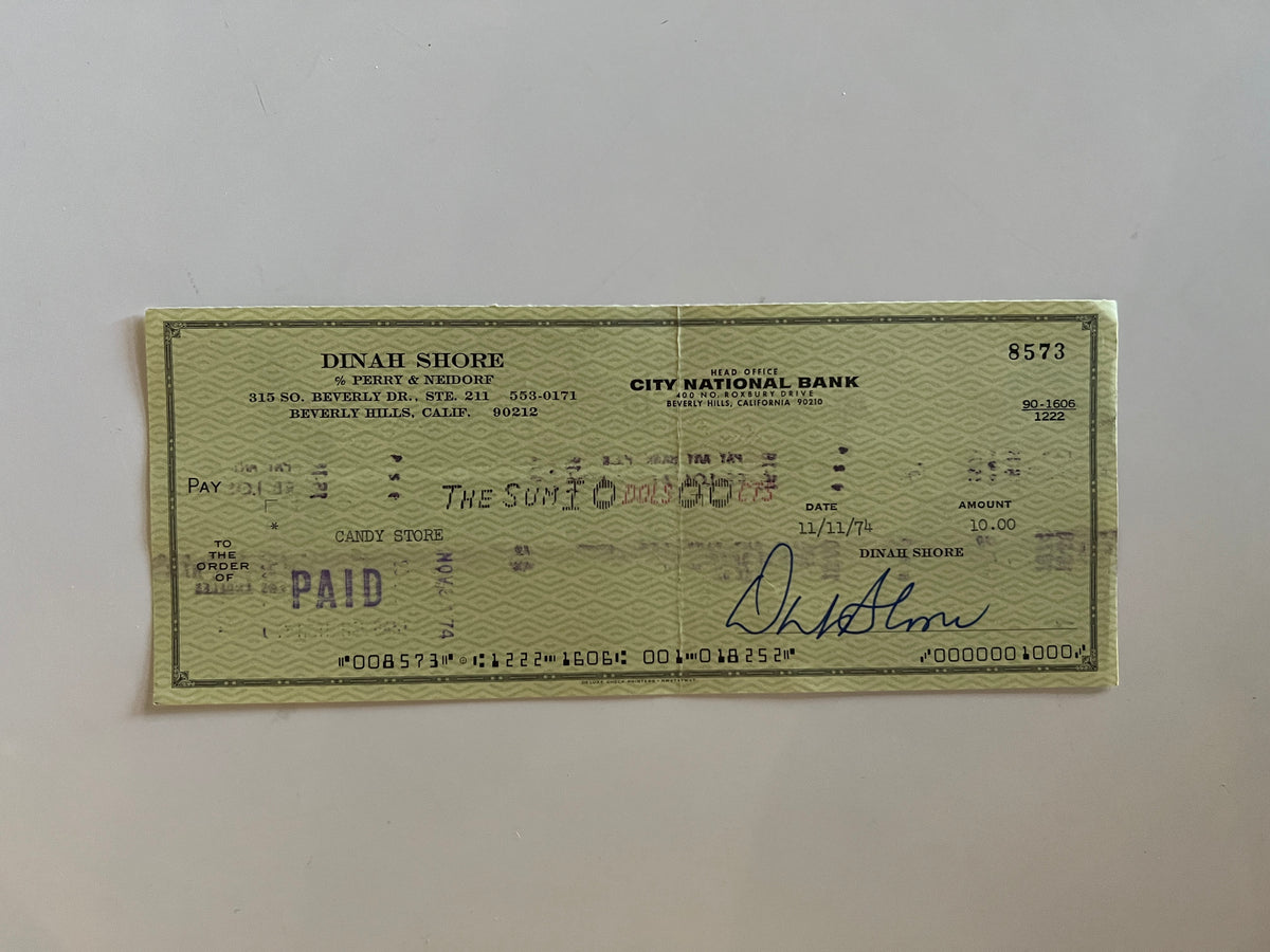 Dinah Shore signed check