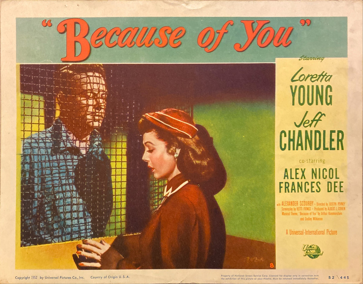 Loretta Young and Jeff Chandler "Because of You" original Lobby Card