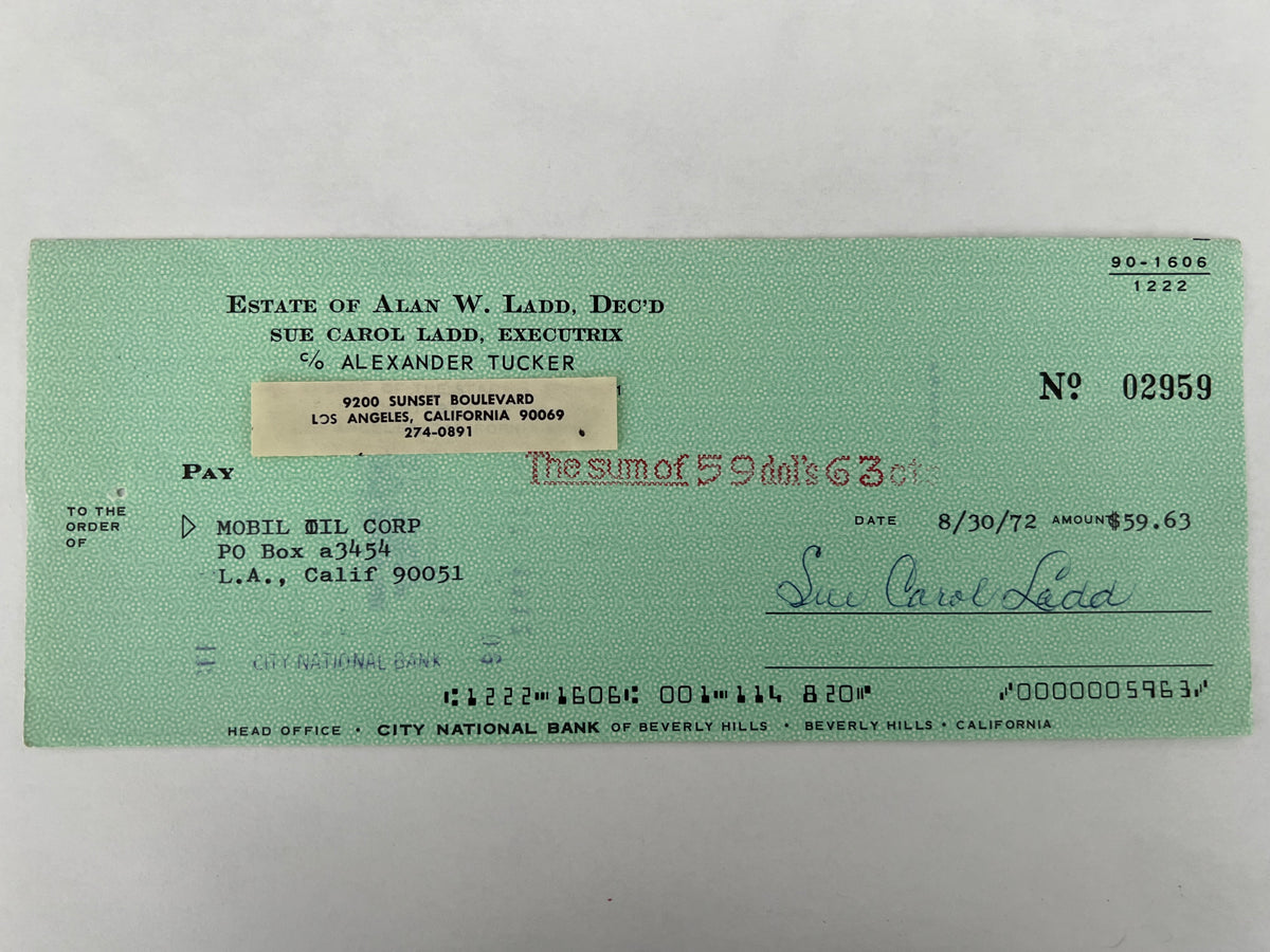 Sue Carol Ladd signed check
