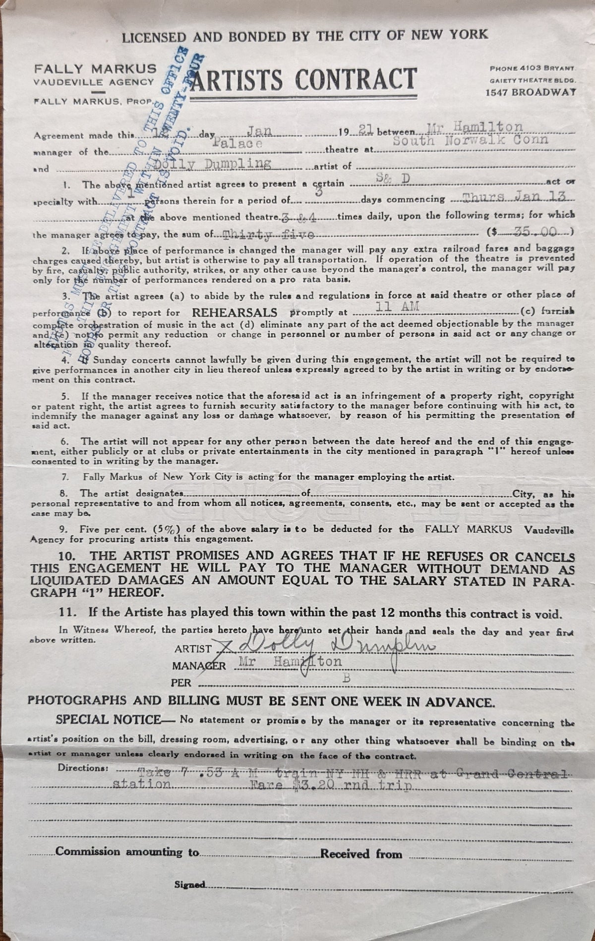 Dolly Dumplin Signed Vaudeville Artists Contract