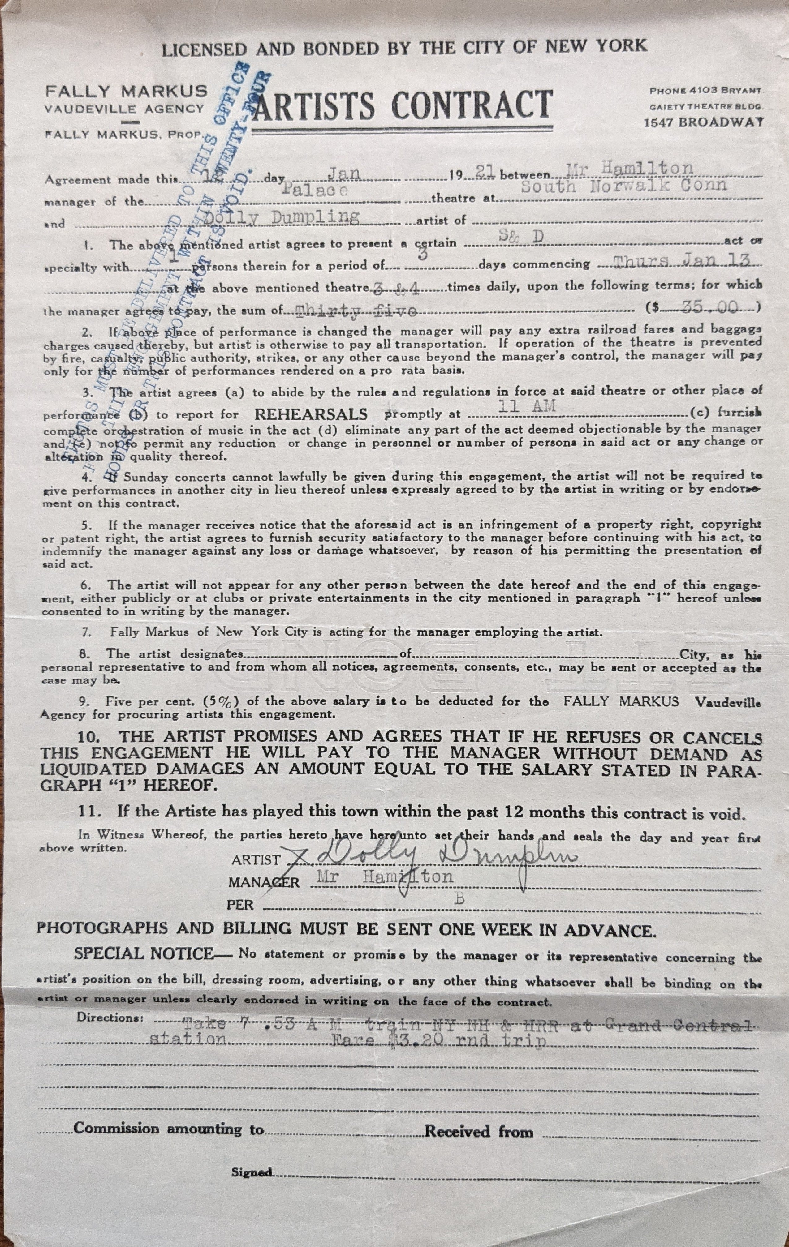 Dolly Dumplin Signed Vaudeville Artists Contract