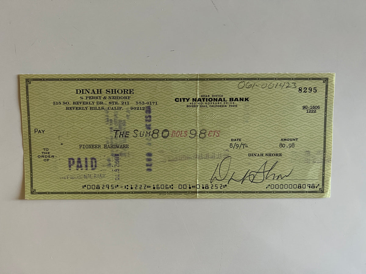 Dinah Shore signed check