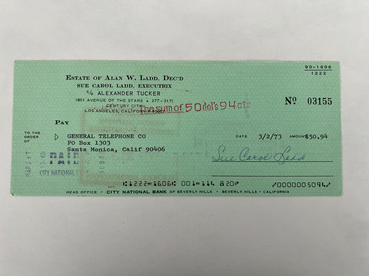 Sue Carol Ladd signed check