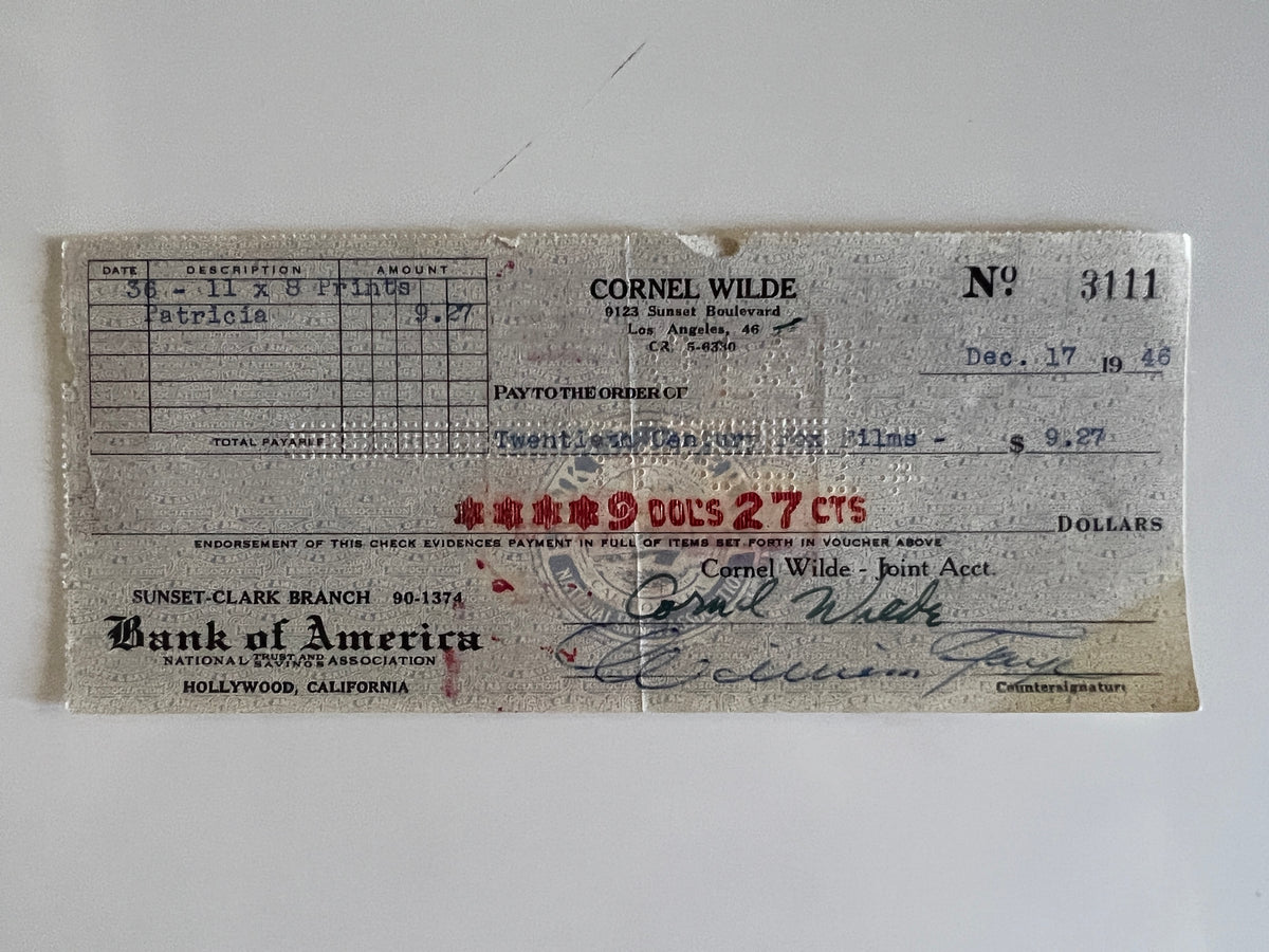 Cornel Wilde signed check