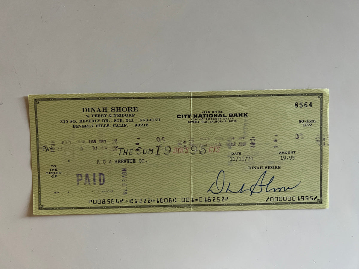Dinah Shore signed check