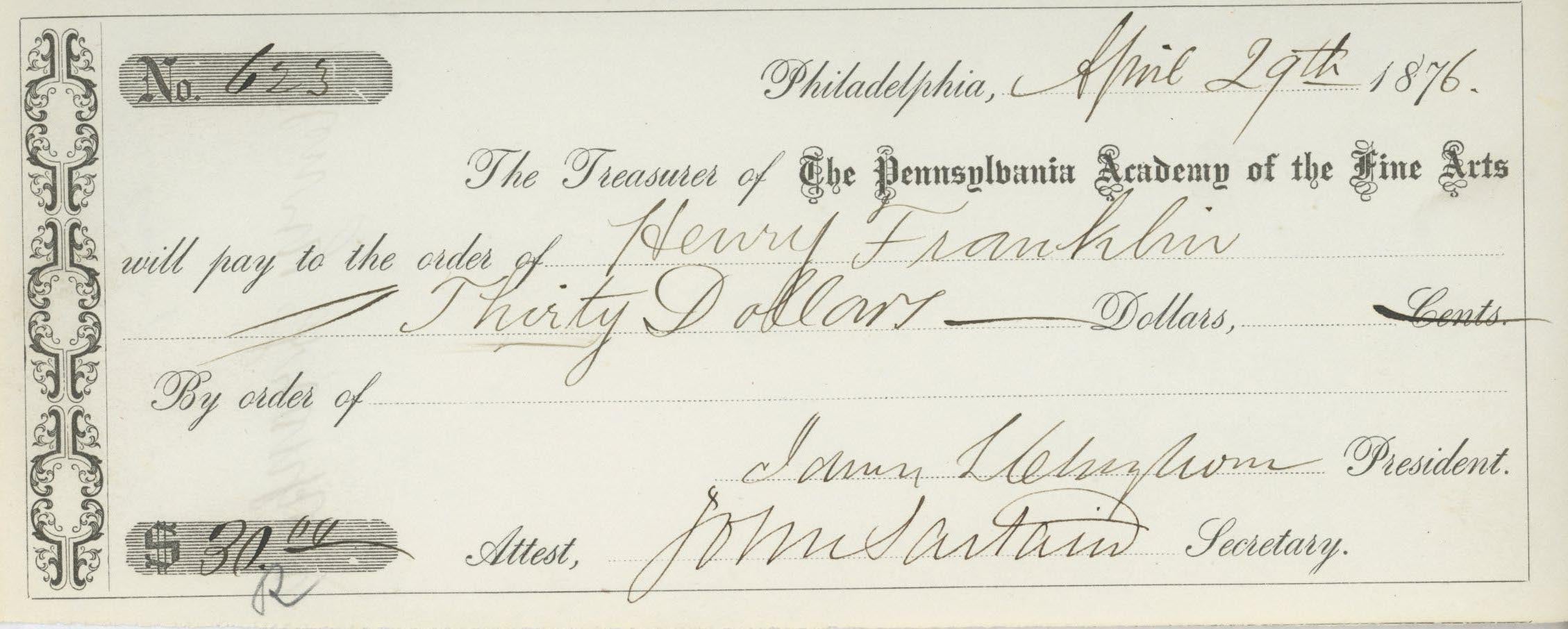 1800's Artist John Sartain signed check