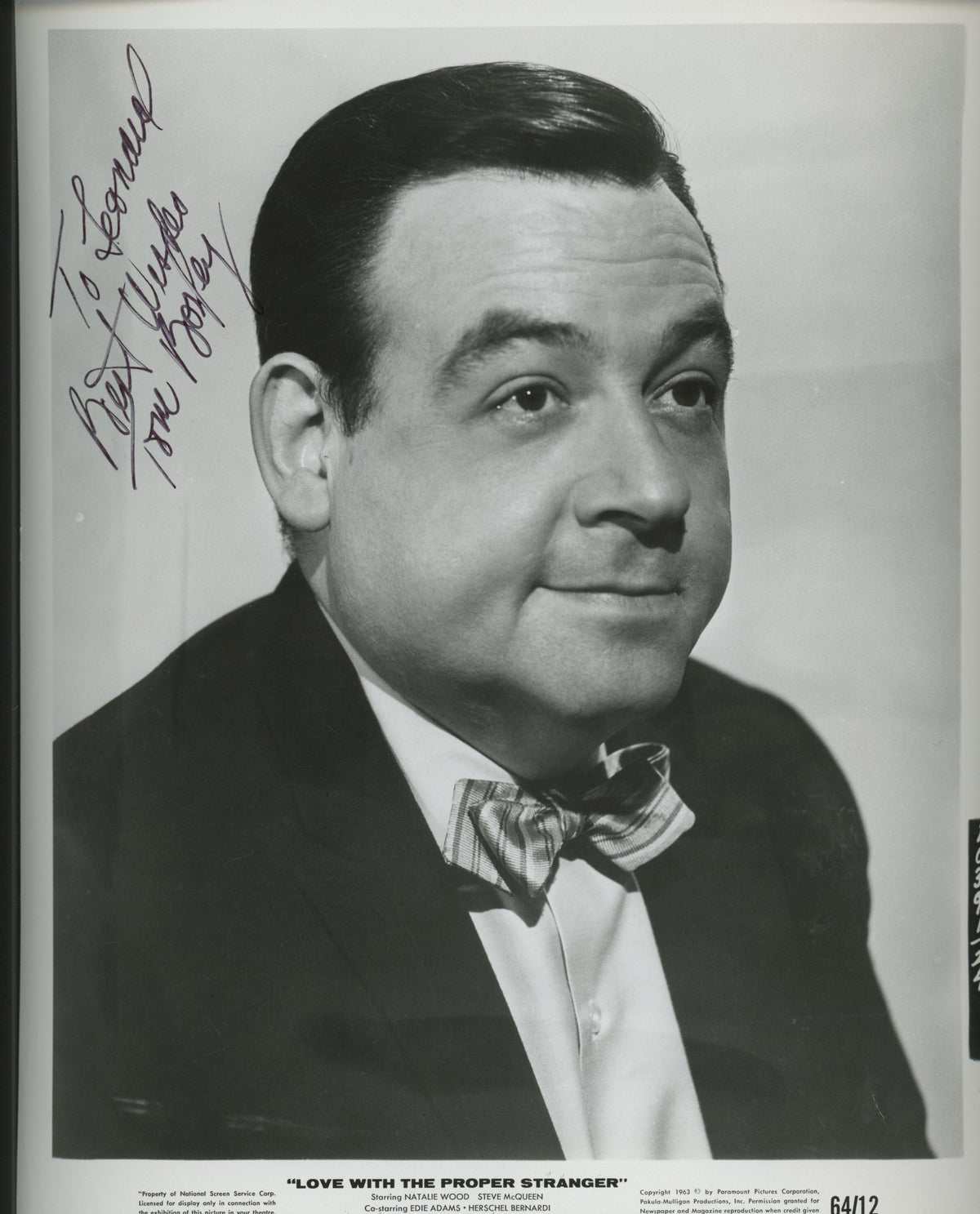 Tom Bosley signed "Love With the Proper Stranger" movie photo