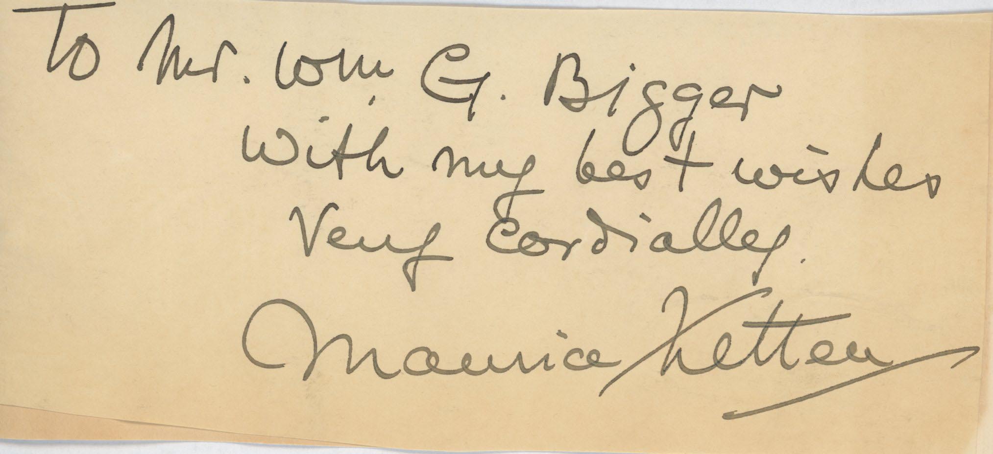 Comic Artist Maurice Ketten signed note