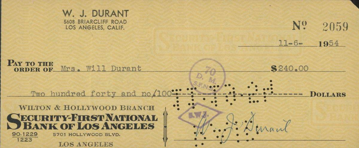 The Story of Civilization Author Will Durant signed check
