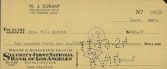 The Story of Civilization Author Will Durant signed check