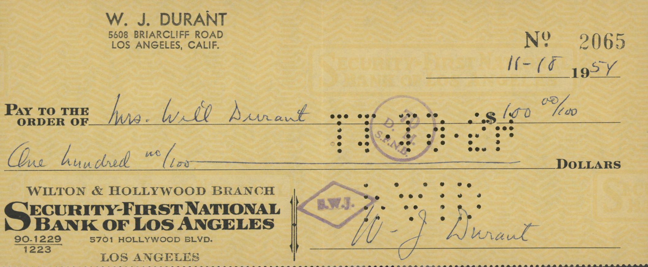 The Story of Civilization Author Will Durant signed check