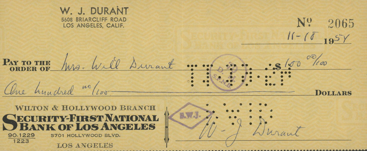 The Story of Civilization Author Will Durant signed check