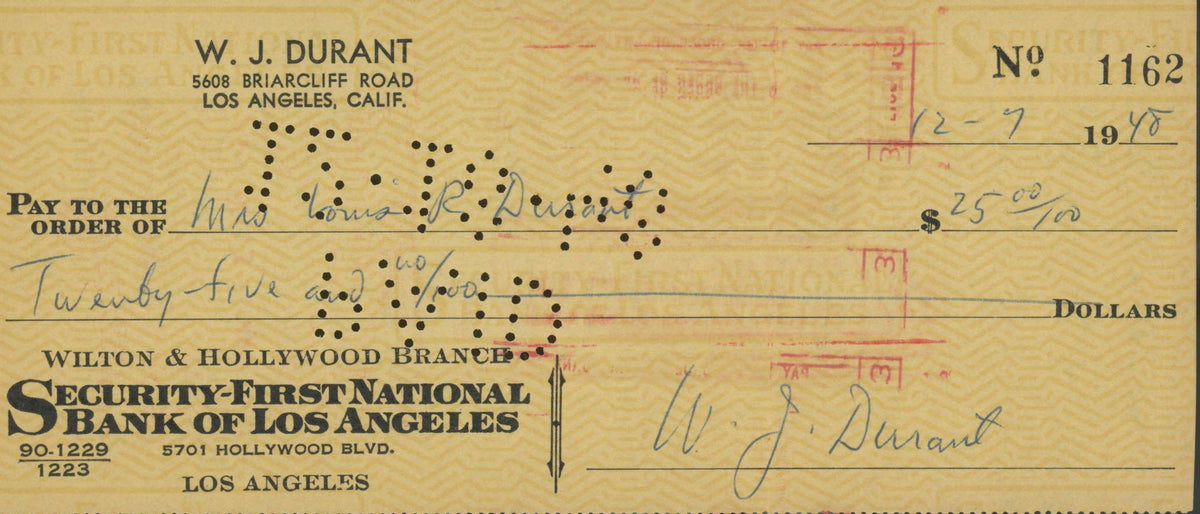 The Story of Civilization Author Will Durant signed check