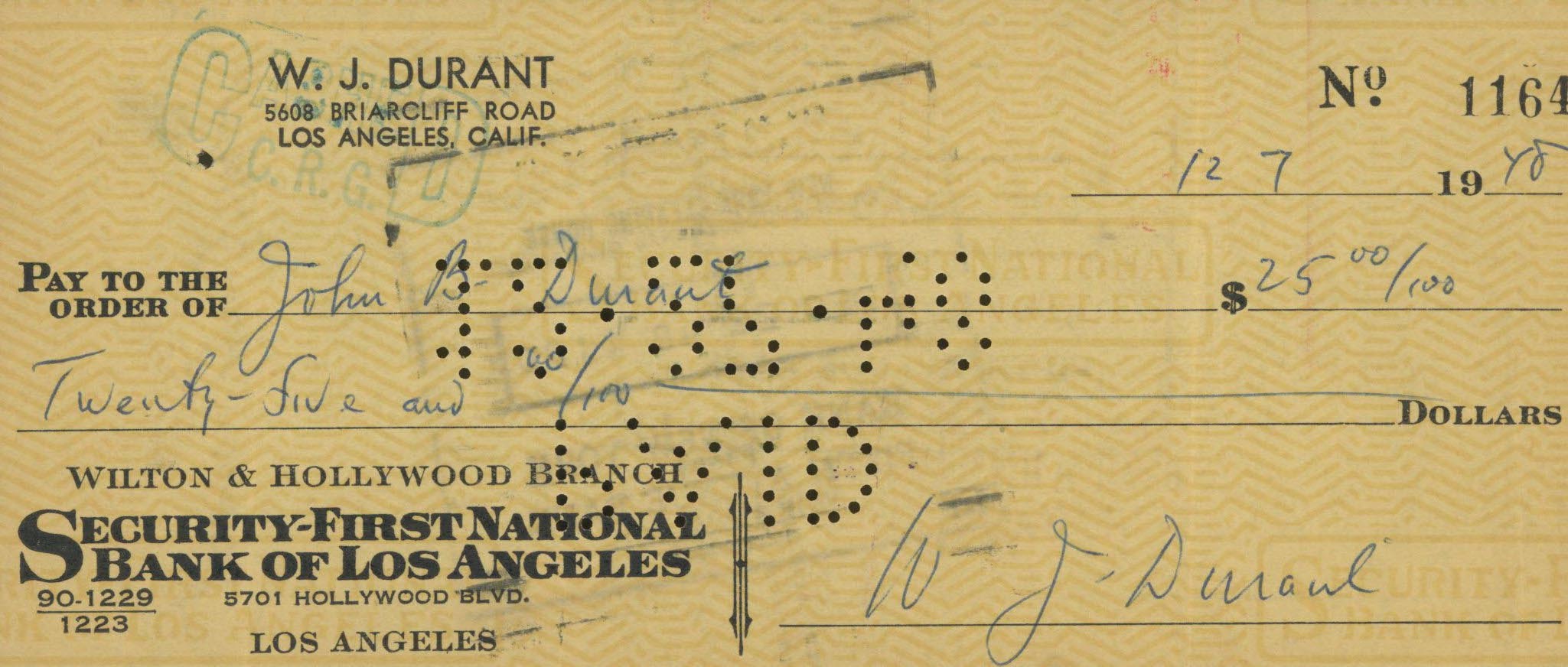 The Story of Civilization Author Will Durant signed check