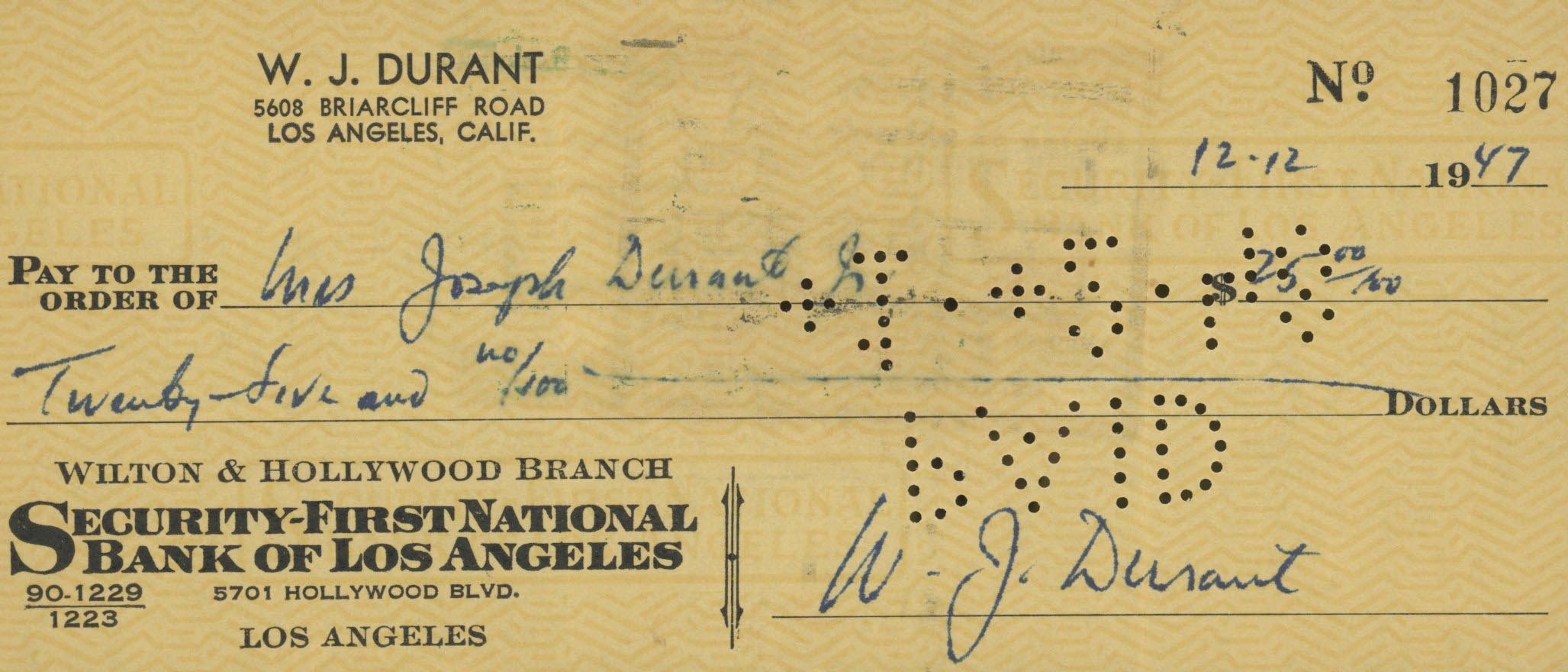 The Story of Civilization Author Will Durant signed check