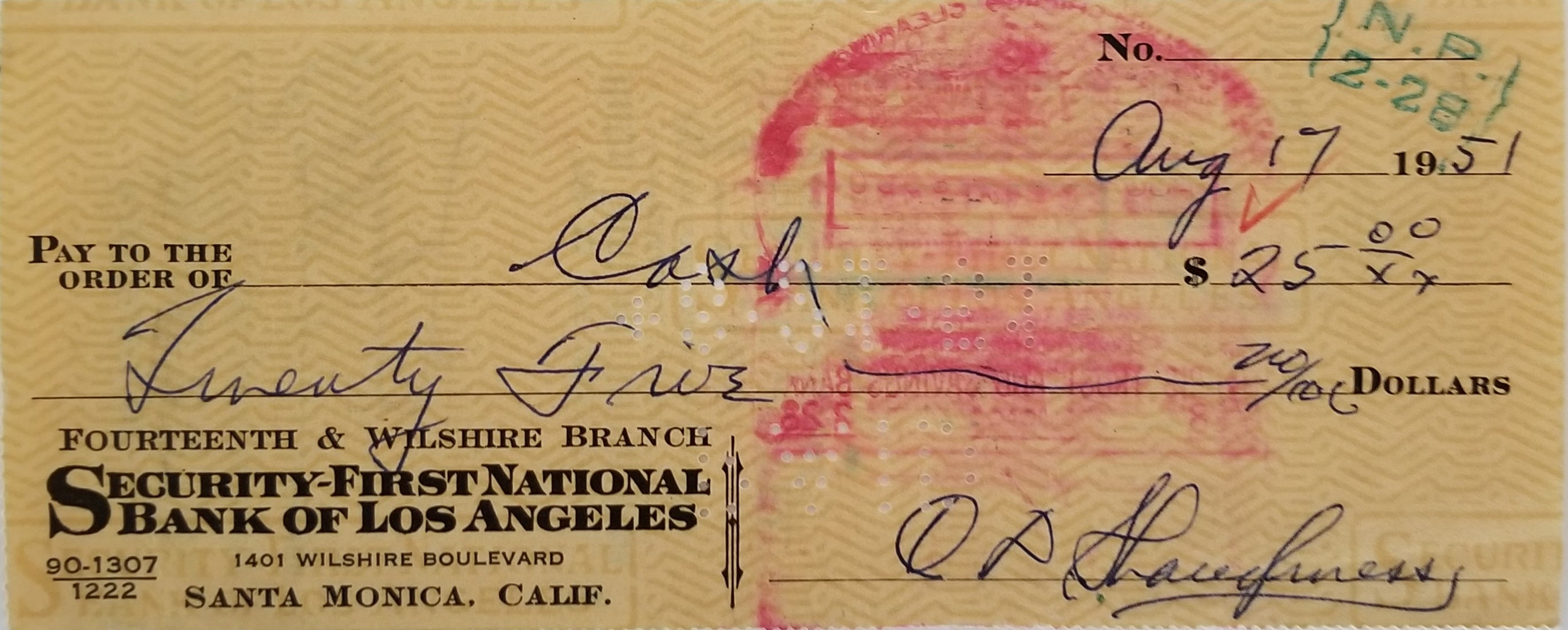 Football Coach Clark Shaughnessy double signed check