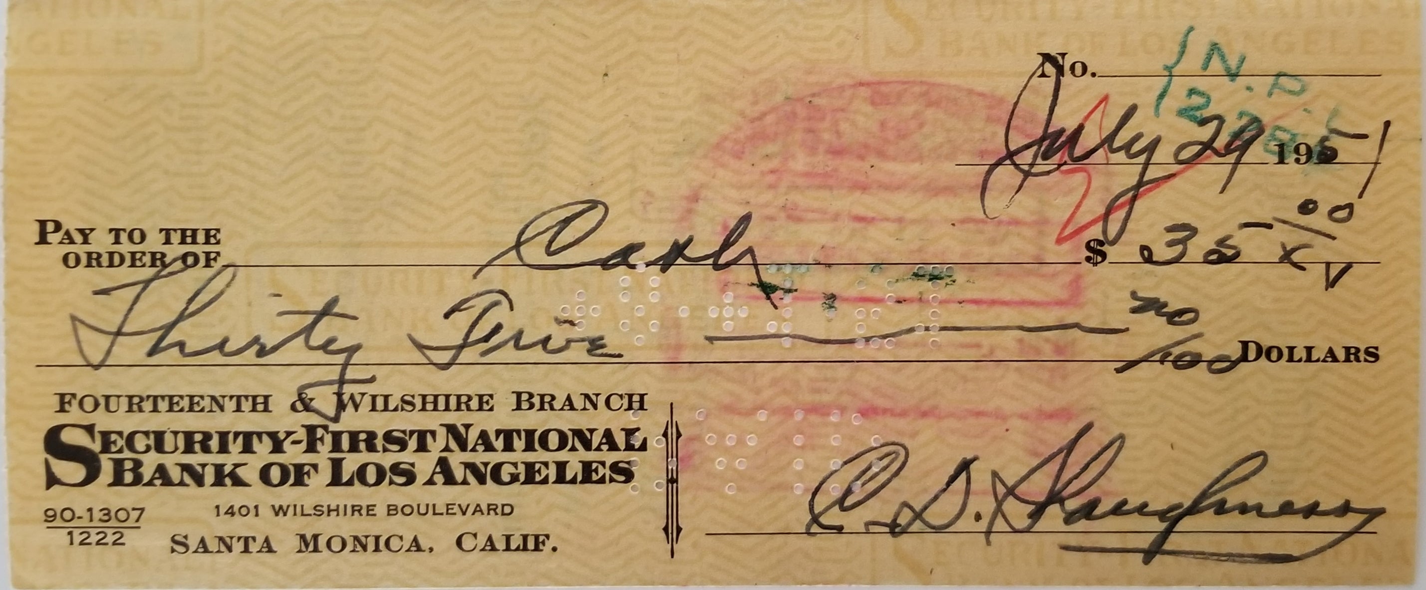 Football Coach Clark Shaughnessy double signed check