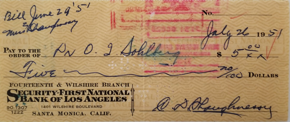 Football Coach Clark Shaughnessy double signed check