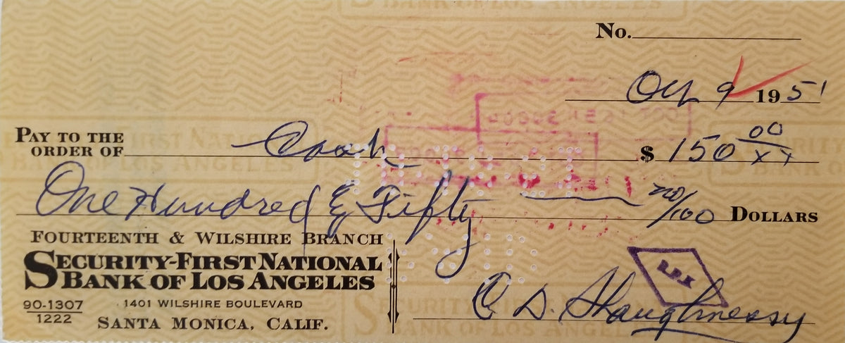 Football Coach Clark Shaughnessy double signed check