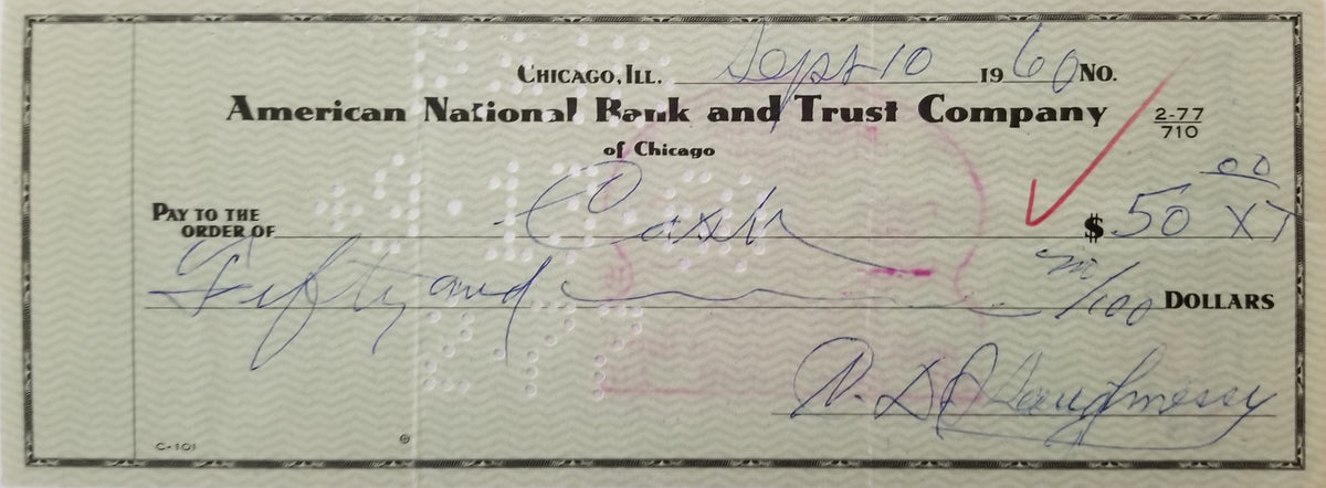 Football Coach Clark Shaughnessy signed check