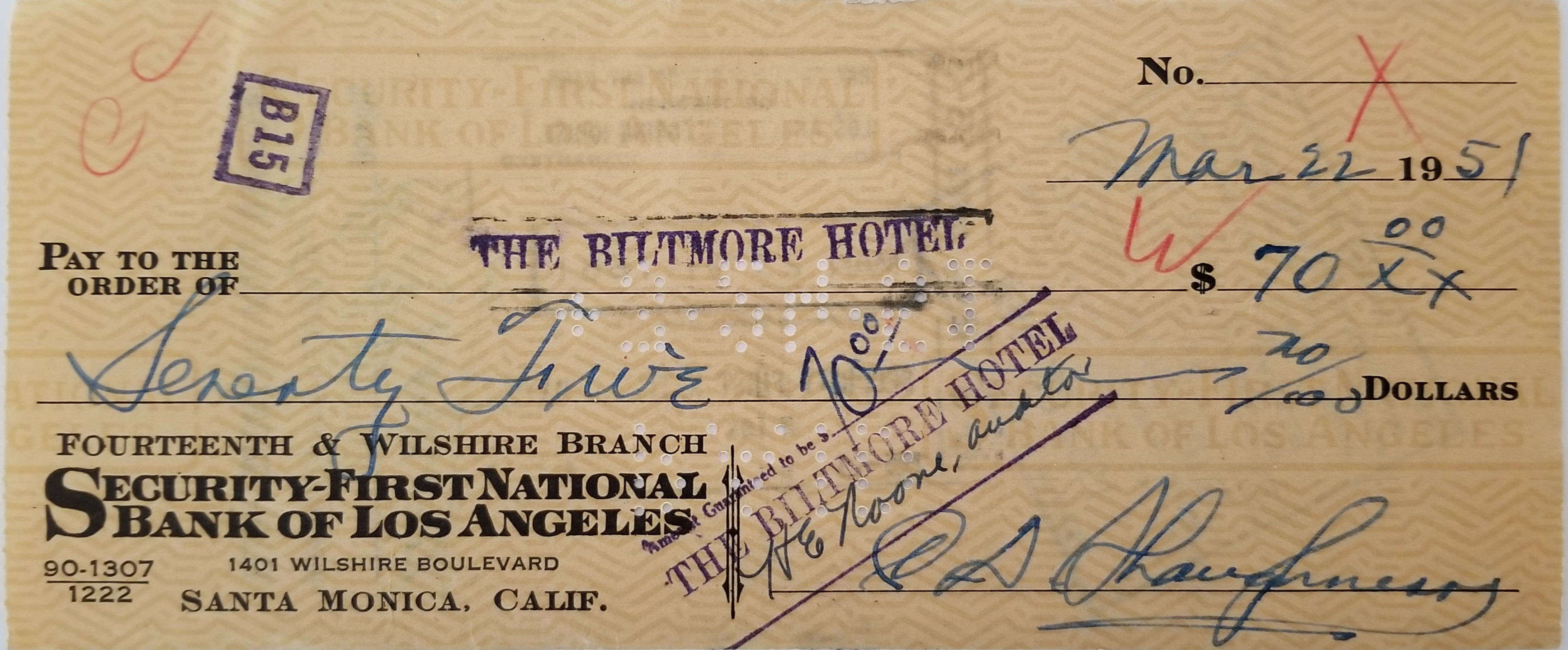 Football Coach Clark Shaughnessy double signed check