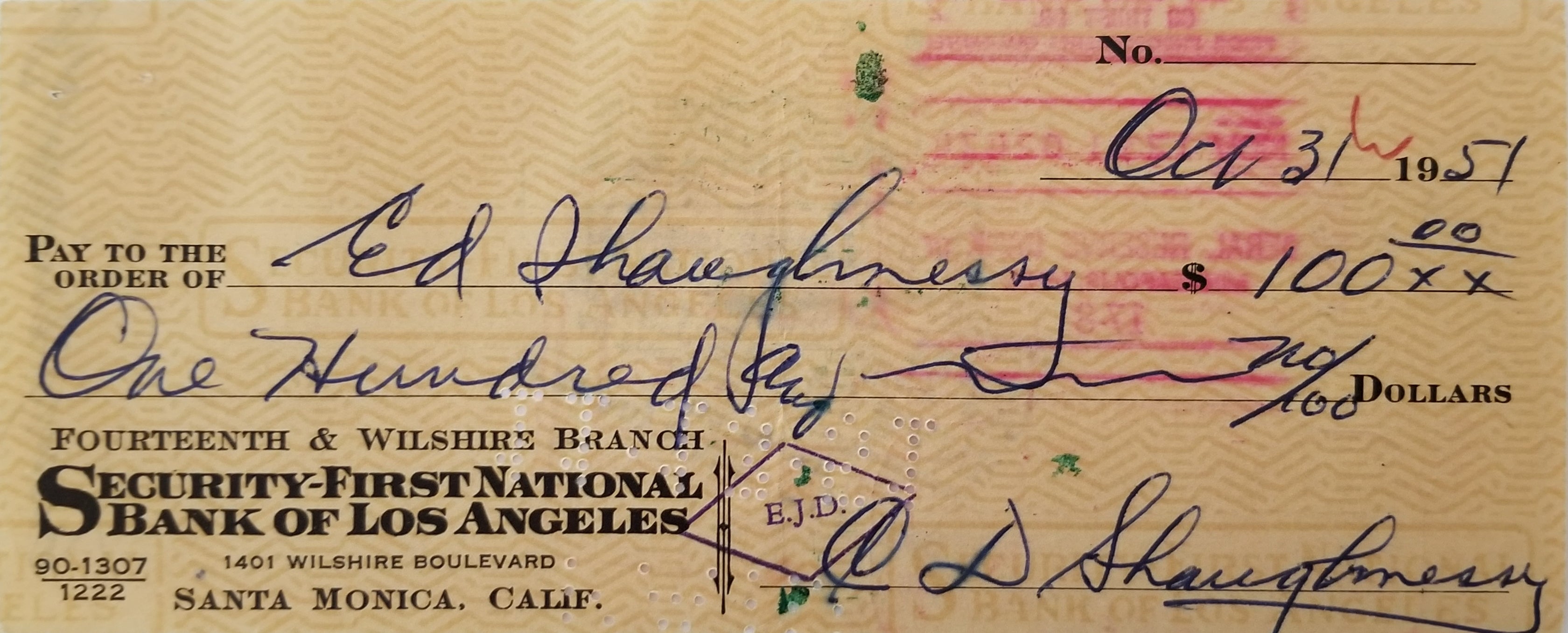Football Coach Clark Shaughnessy signed check