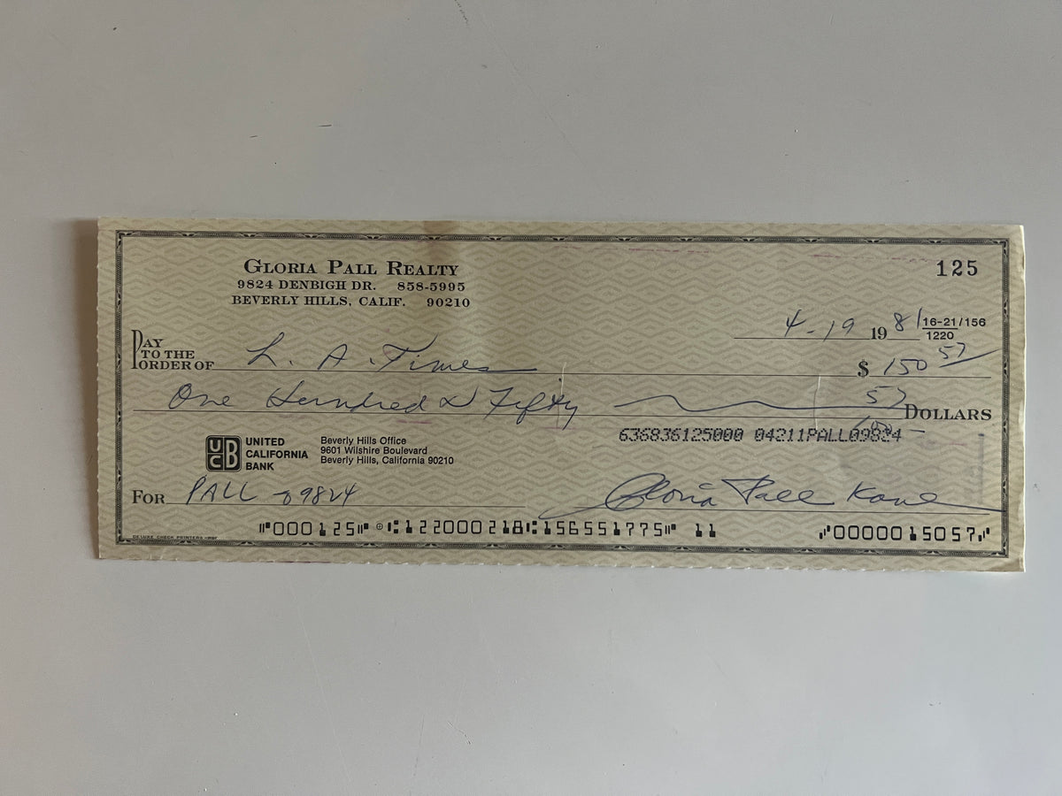 Gloria Pall signed check