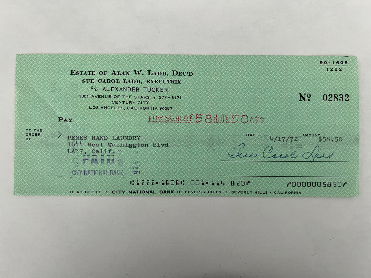 Sue Carol Ladd signed check