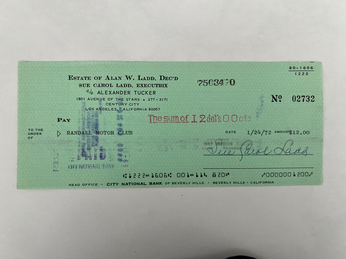Sue Carol Ladd signed check