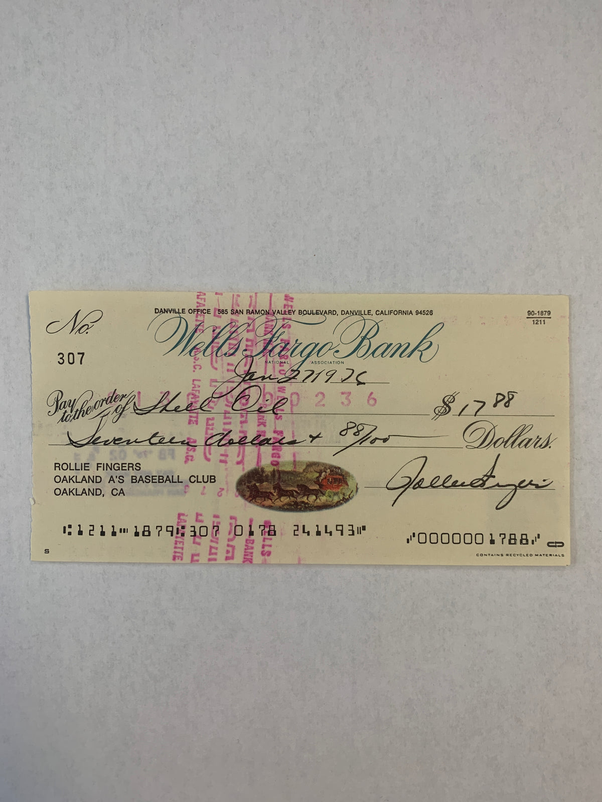 MLB superstar Rollie Fingers signed check