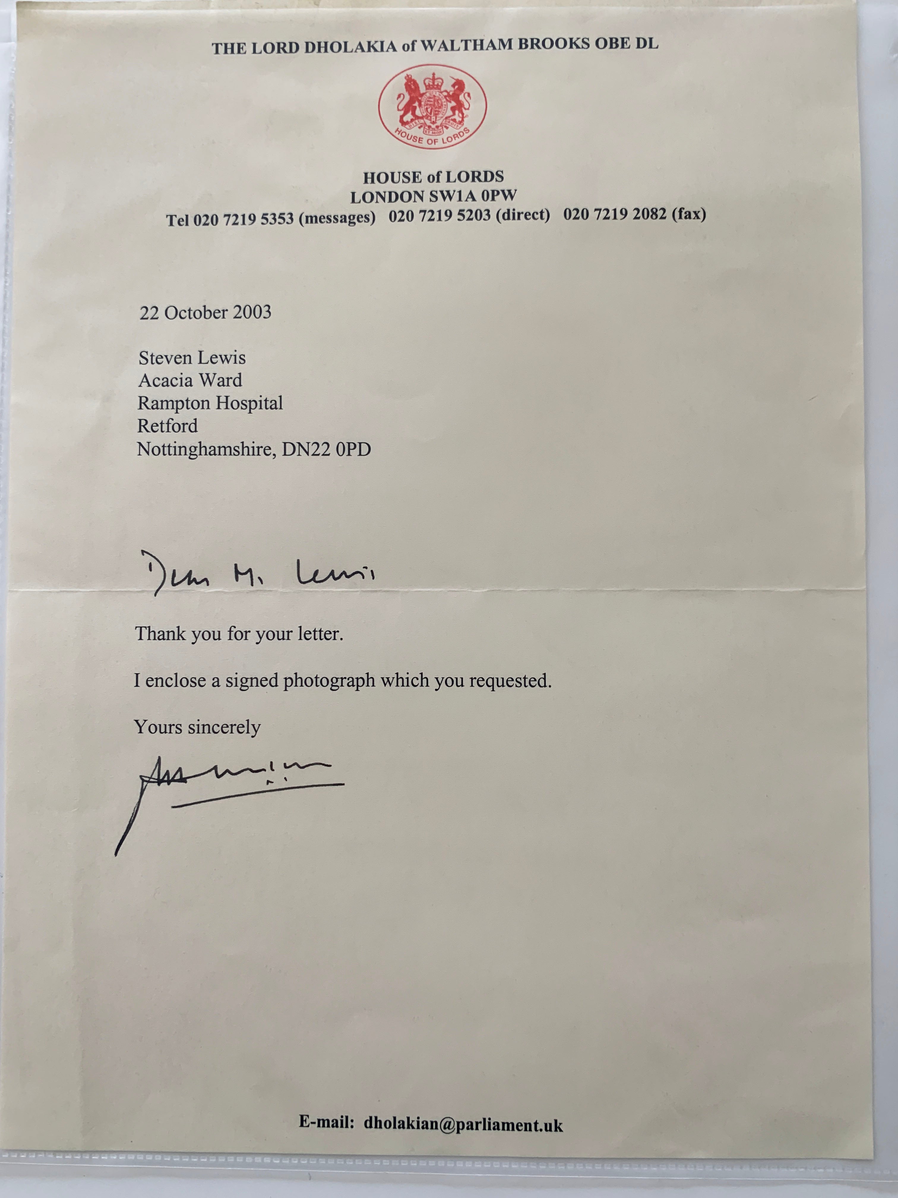 House of Lords Baron Dholakia Signed Letter