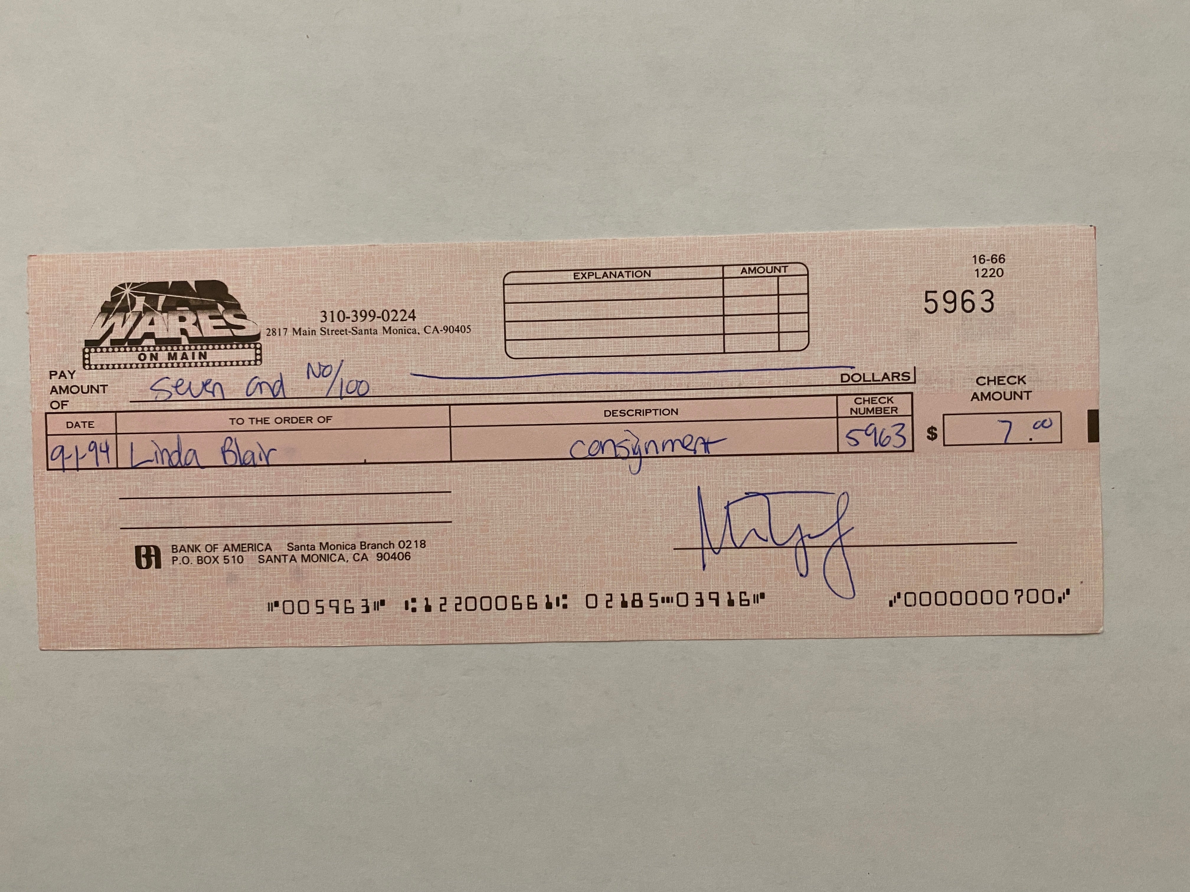 Linda Blair Star Wares consignment signed check