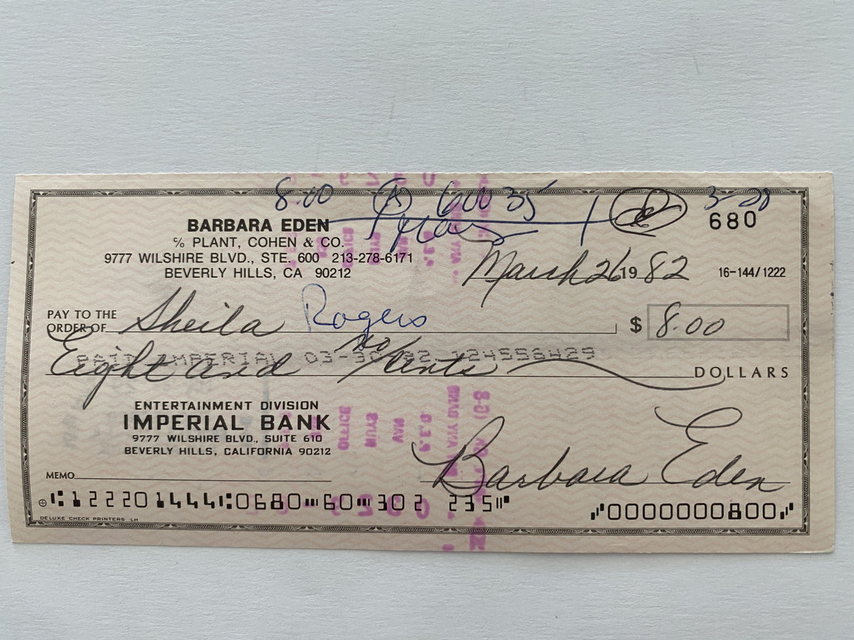 Barbara Eden signed check